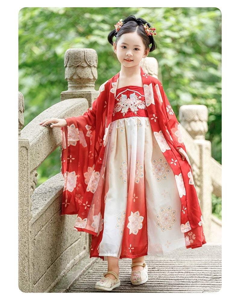 Elegant Girls' Hanfu Dress Set: Ethereal Ru Skirt with Wide Sleeve Top - Traditional Chinese Attire for Kids