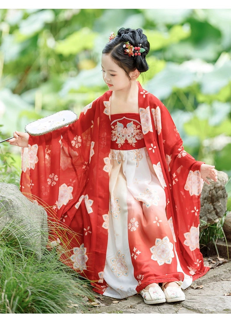 Elegant Girls' Hanfu Dress Set: Ethereal Ru Skirt with Wide Sleeve Top - Traditional Chinese Attire for Kids