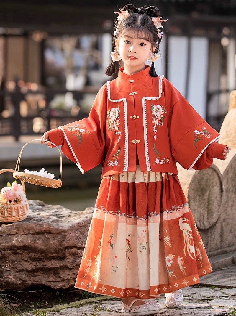 Feather Dew Red - Girls' Traditional Hanfu Dress in Vintage Chinese Style
