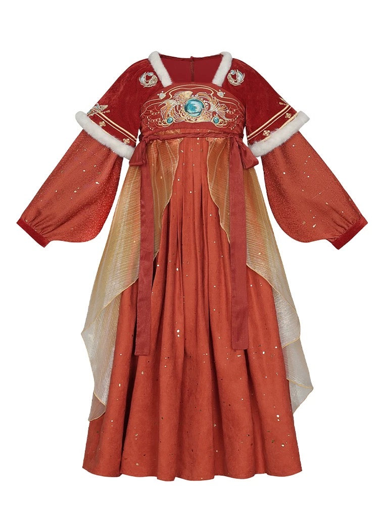 Da Qiao Canghai - 2024 New Red Velvet Hanfu Dress for Girls, Traditional Chinese Winter Attire