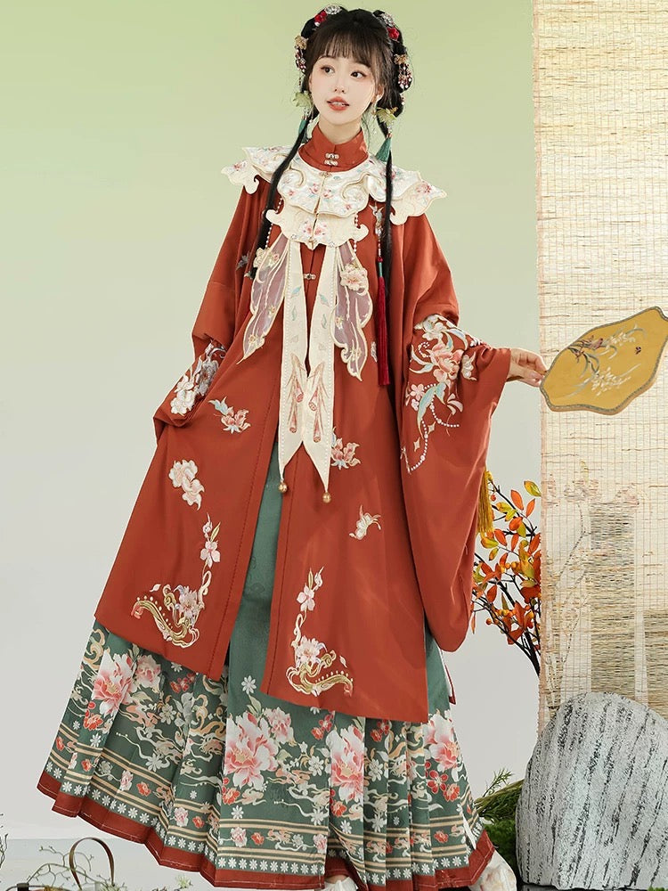 Ling Lan Elegance - Adult Green Ming Dynasty Hanfu: Printed Long Shirt with Horseface Skirt & Yunjian