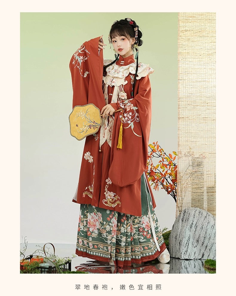 PreOrder:Ling Lan Elegance - Adult Green Ming Dynasty Hanfu: Printed Long Shirt with Horseface Skirt & Yunjian