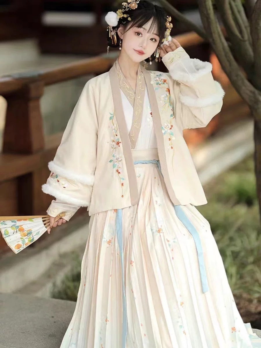 PreOrder: Jade Flower & Bluebird - White Embroidered Hanfu Winter Jacket with Song Dynasty Style & Pleated Skirt