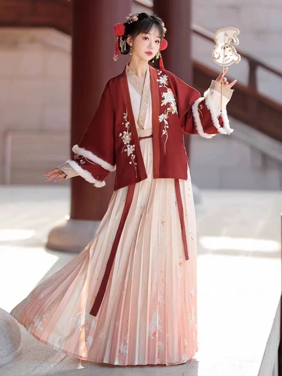 Jade Flower & Bluebird Red - Luxurious Embroidered Hanfu Winter Jacket in Song Dynasty Style with Pleated Skirt