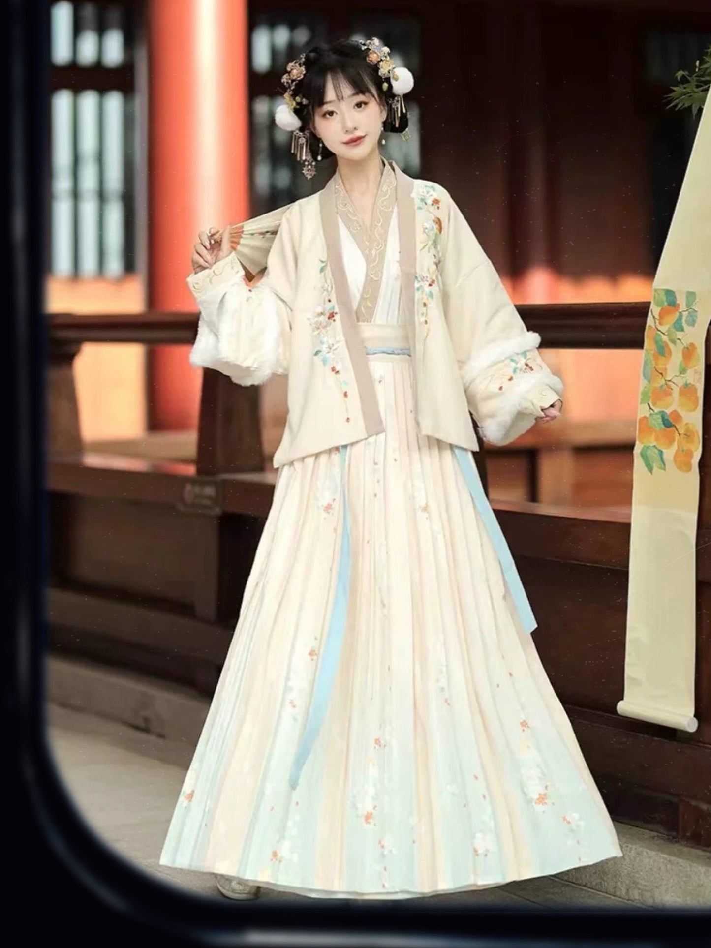 Jade Flower & Bluebird - White Embroidered Hanfu Winter Jacket with Song Dynasty Style & Pleated Skirt