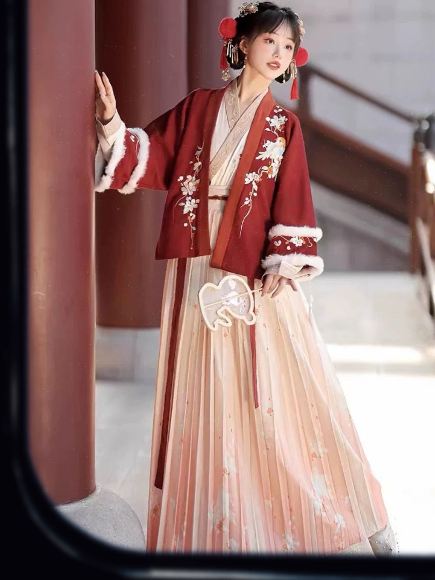 Jade Flower & Bluebird Red - Luxurious Embroidered Hanfu Winter Jacket in Song Dynasty Style with Pleated Skirt