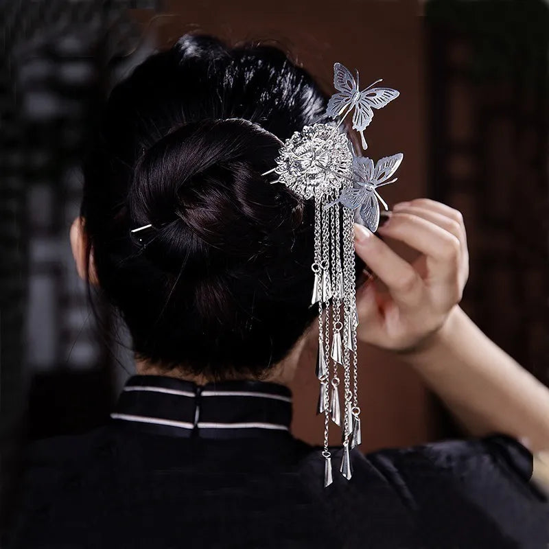 优雅蝴蝶流苏发夹：中国传统汉服发饰 - 精致古典风格步摇发棒