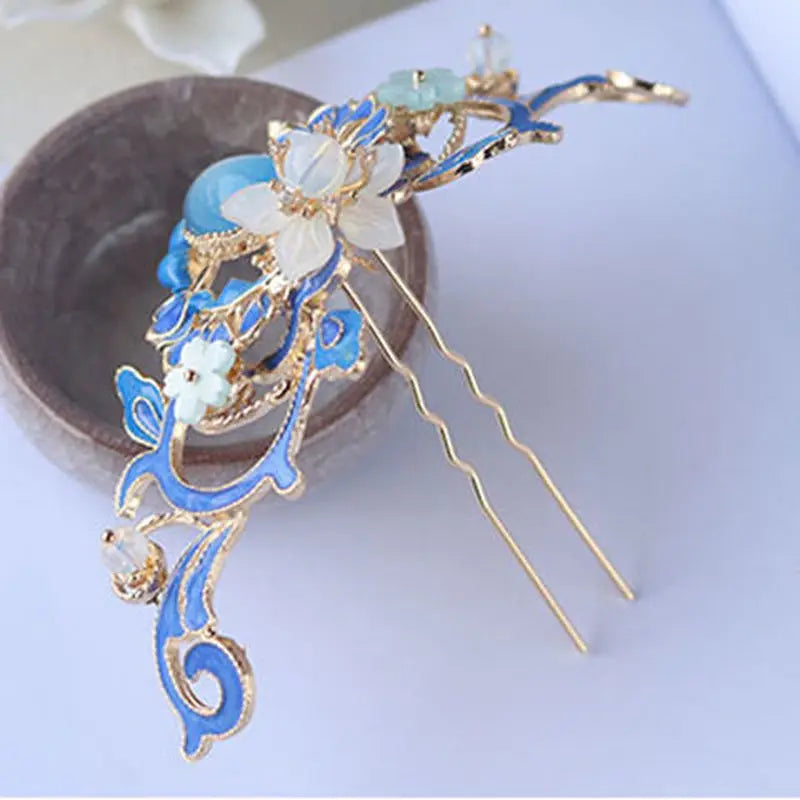 Antique-Inspired Blue Floral Bead Tassel Hair Crown
