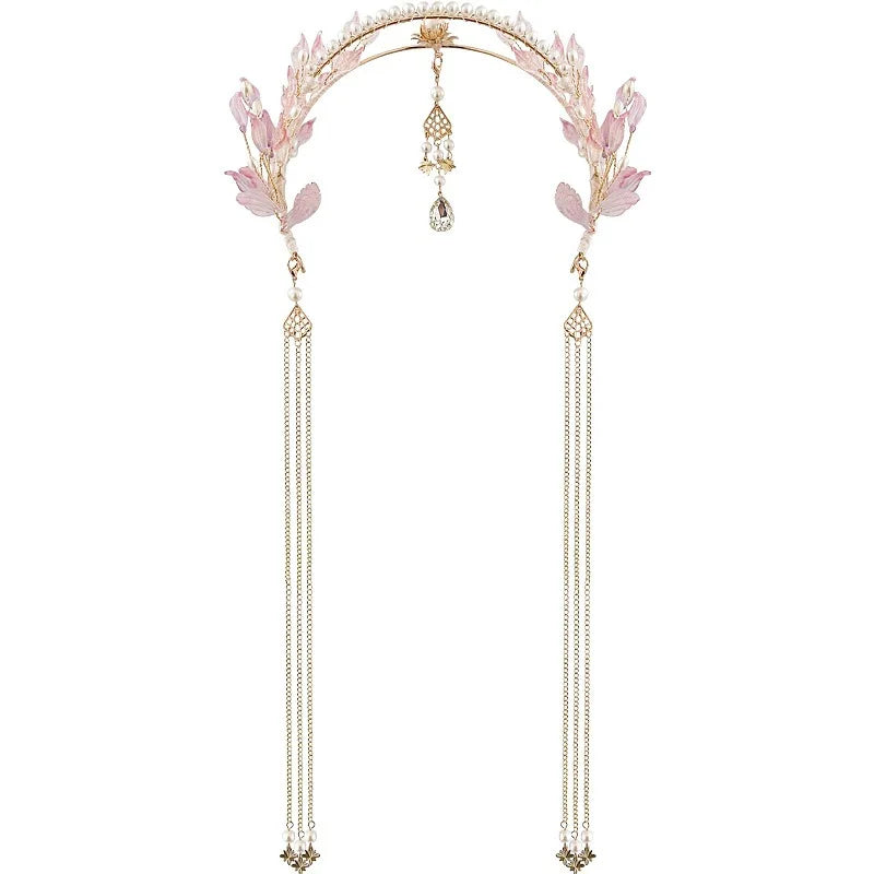 Enchanting Pink Floral Tassel Headband - Faux Earring Design