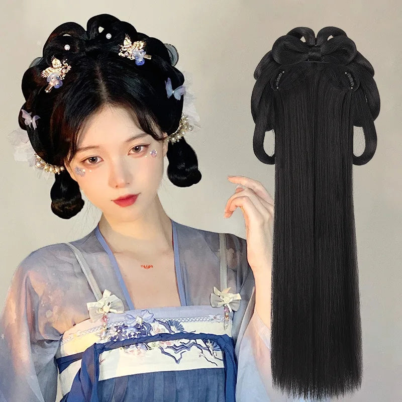 Elegant Ancient Tang-Style Integrated Headband and Wig Set