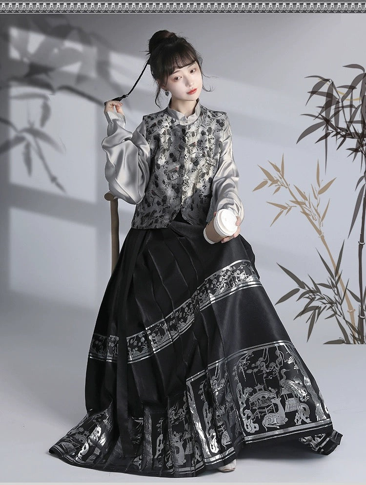 Lucky Goddess Horseface Skirt (Black)| Traditional Chinese Hanfu Daily Wear - Skirt Only